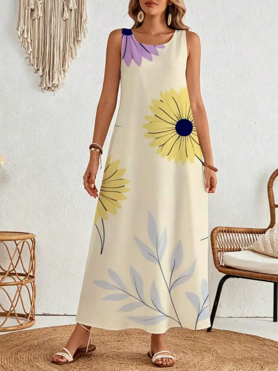 Floral Print Sleeveless Maxi Dress Cream Yellow Daisy Purple Summer Beach Vacation Wear
Floral Print Sleeveless Maxi Dress Cream Yellow Daisy Purple Summer Beach Vacation Wear