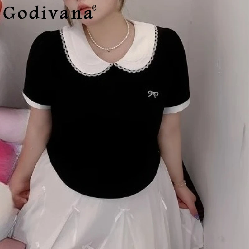 L-4XL Large Size Loose Black White Splicing Short Sleeve Removable Bow Pin Women Summer Fashion Peter Pan Collar A-line T-shirt
L-4XL Large Size Loose Black White Splicing Short Sleeve Removable Bow Pin Women Summer Fashion Peter Pan Collar A-line T-shirt