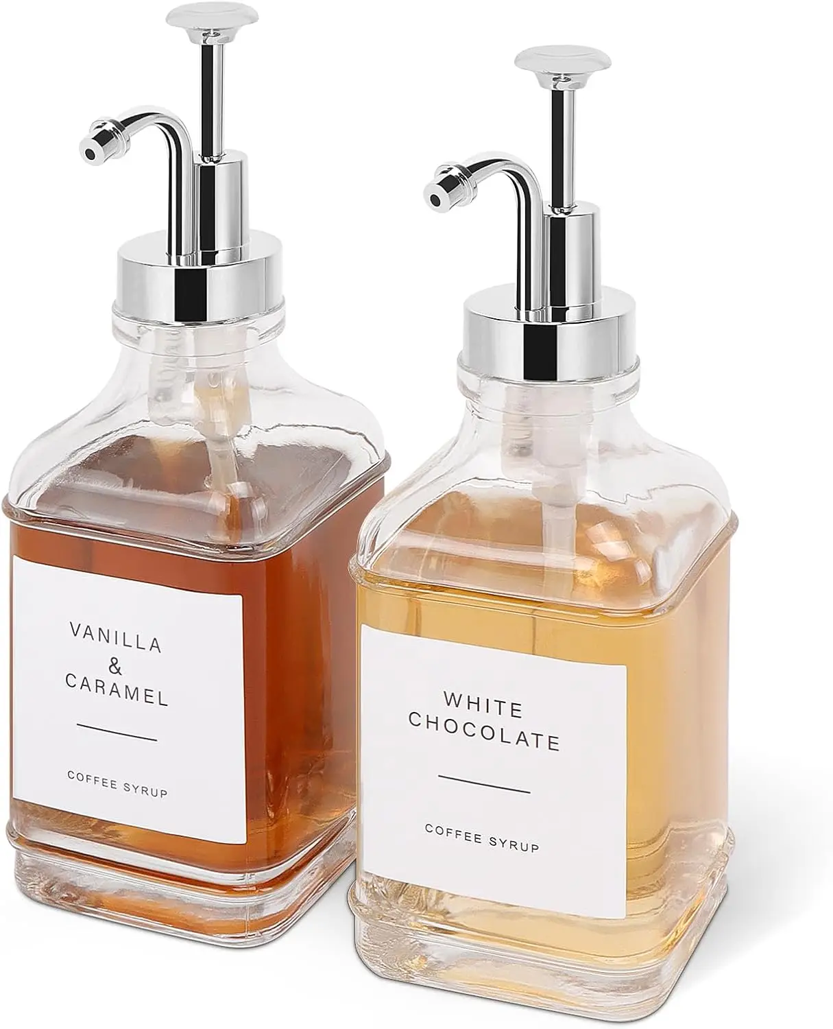 Glass Syrup Dispenser Set of 2 for Coffee Bar, 500ml Refillable Bottles with Pump, Chrome Finish Coffee Station Accessories and
Glass Syrup Dispenser Set of 2 for Coffee Bar, 500ml Refillable Bottles with Pump, Chrome Finish Coffee Station Accessories and