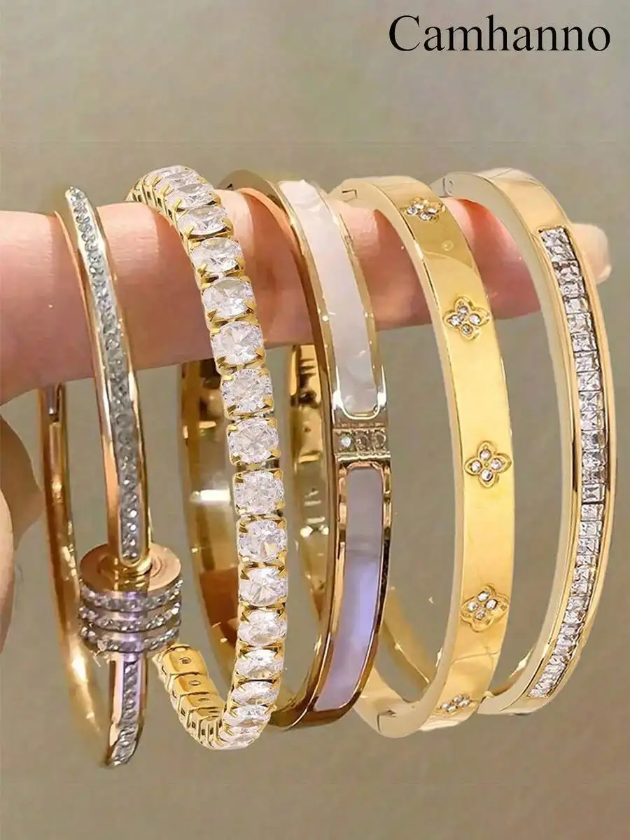 5pcs Stainless Steel Bangles Set With Crystal Stones Fashion Elegant Jewelry For Women
5pcs Stainless Steel Bangles Set With Crystal Stones Fashion Elegant Jewelry For Women