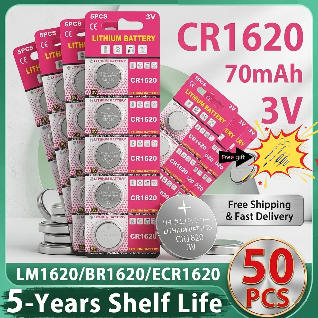 CR1620 3V Button Battery Lithium Coin Cell 5/10/20/50/100pcs for Watch Car Remote Control Scale LM1620 BR1620 Watch Calculator
CR1620 3V Button Battery Lithium Coin Cell 5/10/20/50/100pcs for Watch Car Remote Control Scale LM1620 BR1620 Watch Calculator