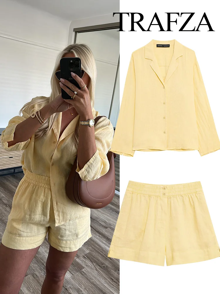 TRAFZA Women Shorts Suit Elegant Lapel Single-Breasted Long Sleeves Shirt Top+Summer Elastic Waist Pocket Design Loose Shorts
TRAFZA Women Shorts Suit Elegant Lapel Single-Breasted Long Sleeves Shirt Top+Summer Elastic Waist Pocket Design Loose Shorts