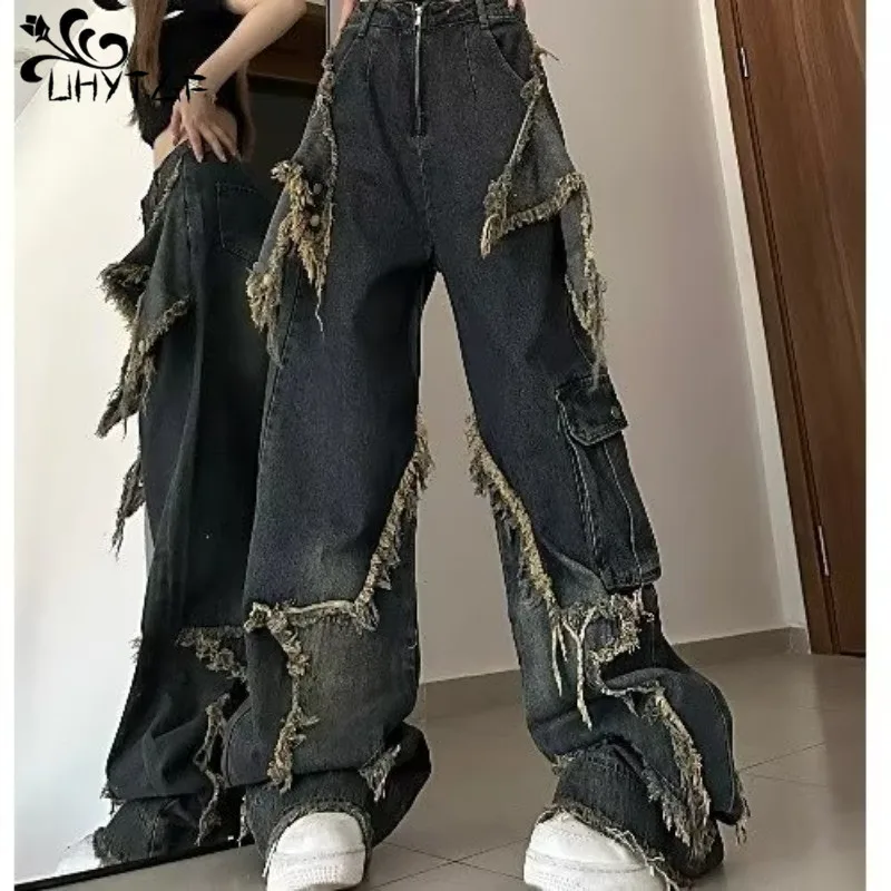 

Cargo Jeans Pants Women's Street Loose Oversize Panelled Pentacle Raw Hem Pant 2024 Vintage Blue Hip Hop Female Denim Trousers