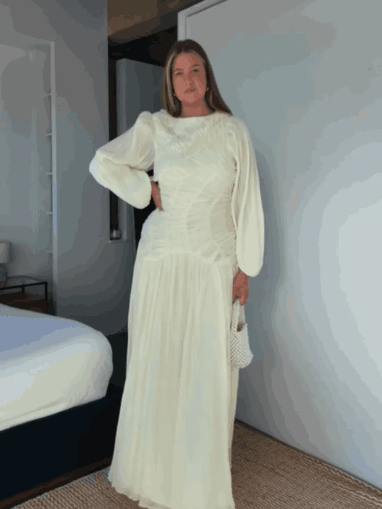 Elegant Chiffon Pleated Long Dress Women Full Puff Sleeve O-neck See Through Party Yellow Dresses Female 2025 Summer A-line Robe
Elegant Chiffon Pleated Long Dress Women Full Puff Sleeve O-neck See Through Party Yellow Dresses Female 2025 Summer A-line Robe