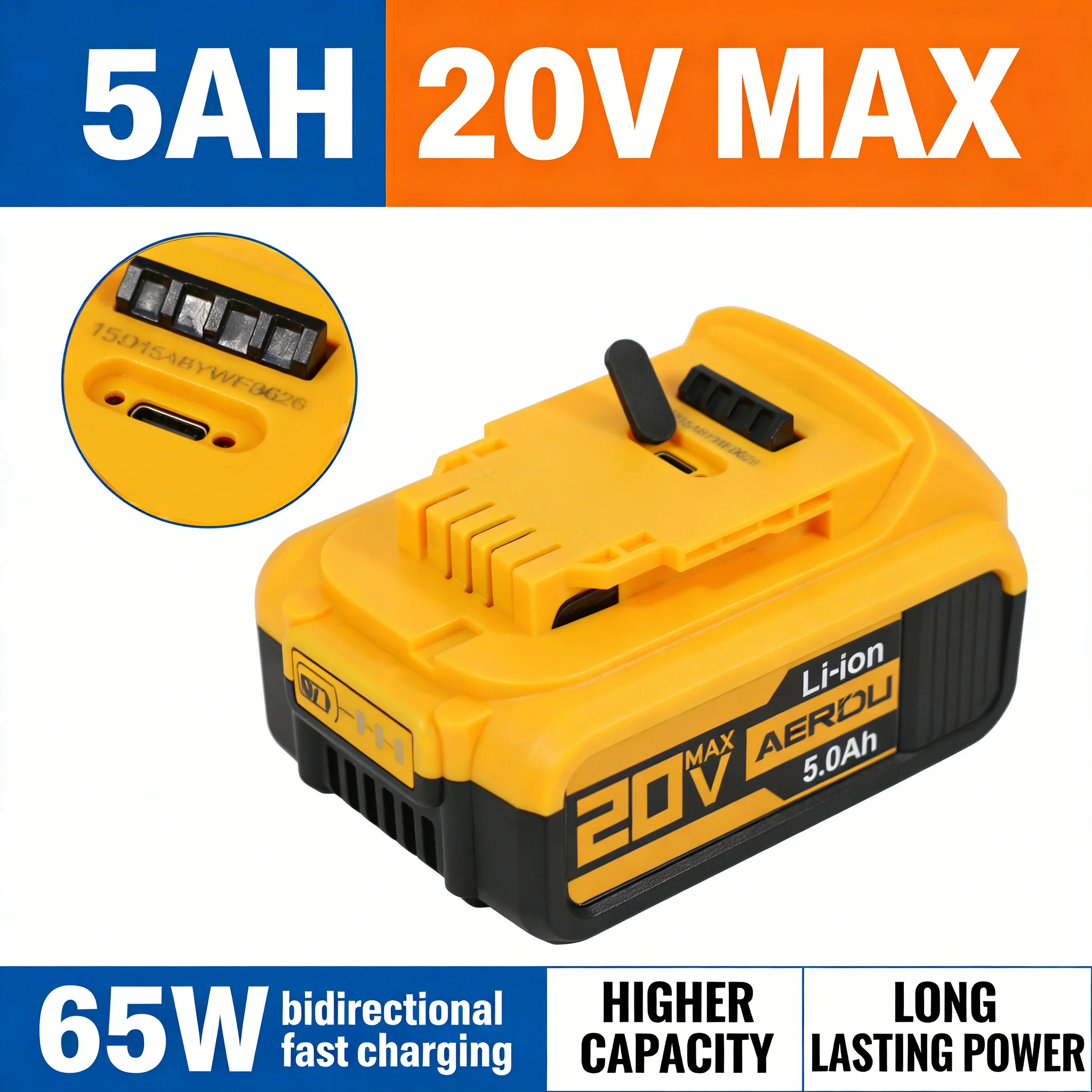 AERDU 20V 5.0Ah for Dewalt Lithium-Ion Battery Pack with USB-C PD64W Fast Charging for Cordless Power Tools
AERDU 20V 5.0Ah for Dewalt Lithium-Ion Battery Pack with USB-C PD64W Fast Charging for Cordless Power Tools