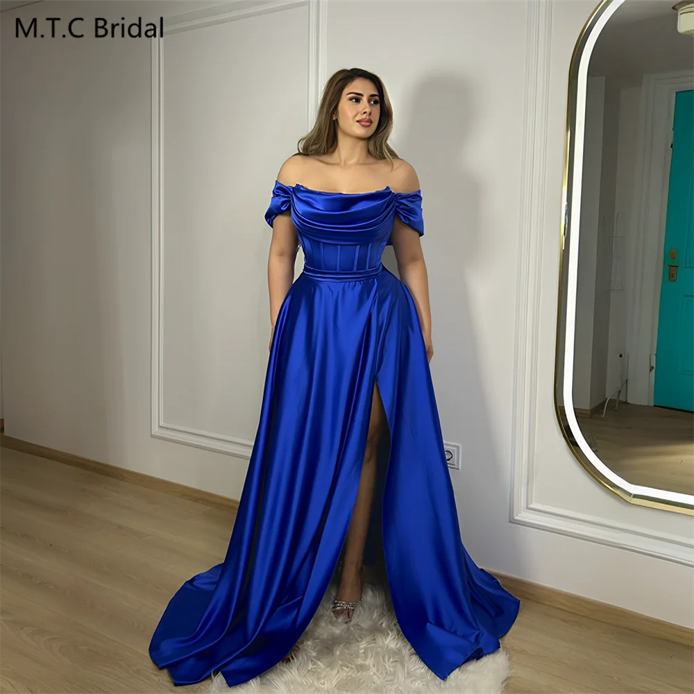 High Quality 2025 Royal Blue Evening Dress A Line Off The Shoulder Corset Back Pleated Satin Formal Gowns For Wedding Party
High Quality 2025 Royal Blue Evening Dress A Line Off The Shoulder Corset Back Pleated Satin Formal Gowns For Wedding Party