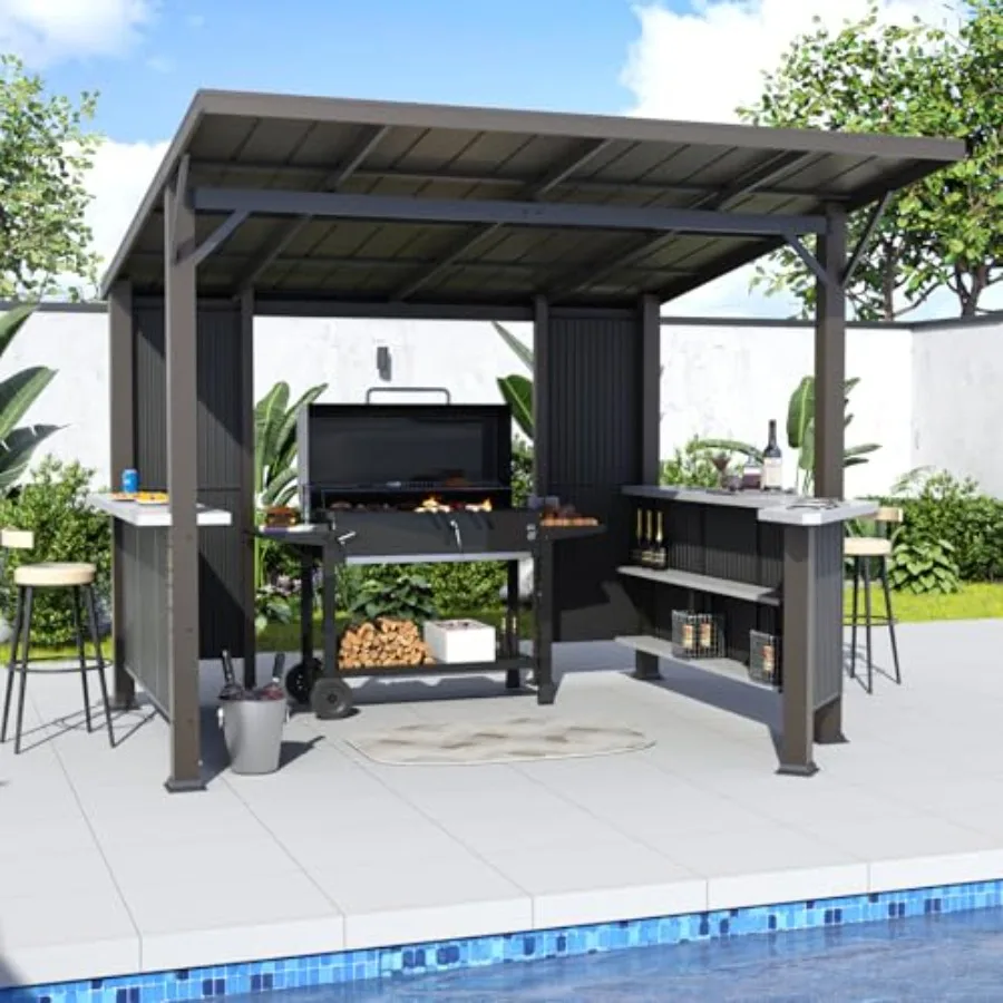 Outdoor BBQ gazebo for patio use, galvanized steel construction, grey color, permanent hardtop with storage shelves and expansi
Outdoor BBQ gazebo for patio use, galvanized steel construction, grey color, permanent hardtop with storage shelves and expansi