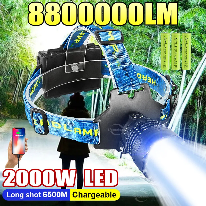 88000000LM 2000W Super Bright LED Headlamp Headlight Outdoor Work Head Flashlight 18650 Head Lamp For Camping Hiking Lantern
88000000LM 2000W Super Bright LED Headlamp Headlight Outdoor Work Head Flashlight 18650 Head Lamp For Camping Hiking Lantern