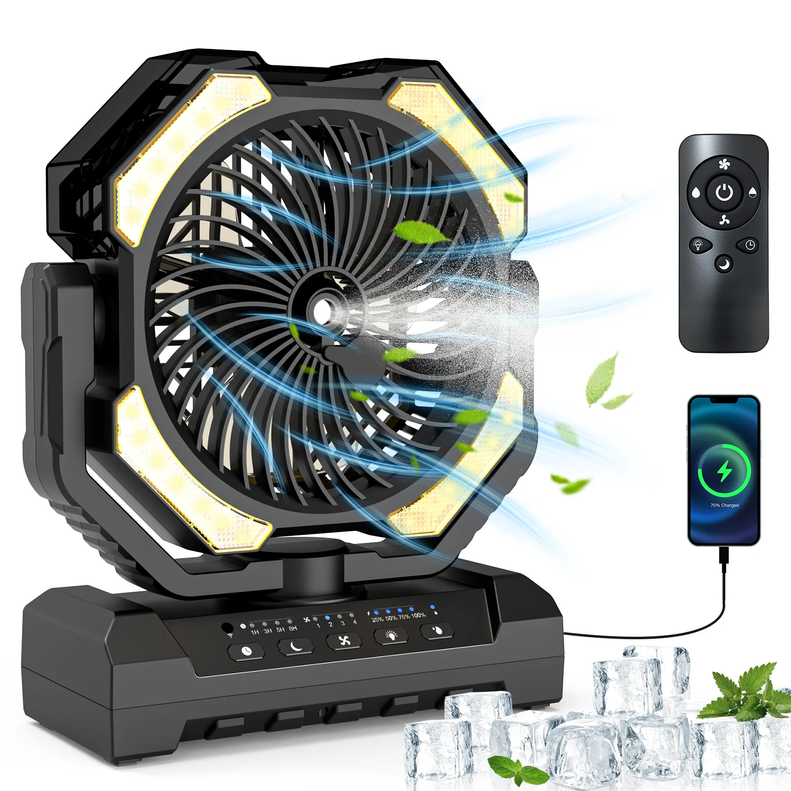 20000mAh Operated Mist Cooling Fan Portable Rechargeable Desk/Camping Fan with LED Light and Hook Outdoor Fan for Tent Car Trip
20000mAh Operated Mist Cooling Fan Portable Rechargeable Desk/Camping Fan with LED Light and Hook Outdoor Fan for Tent Car Trip