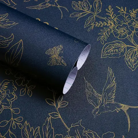 Dark Blue and Gold Vintage Floral Peel and Stick Wallpaper 17.7x118.1 for Bathroom and Bedroom Decor Removable Self Adhesive Vi