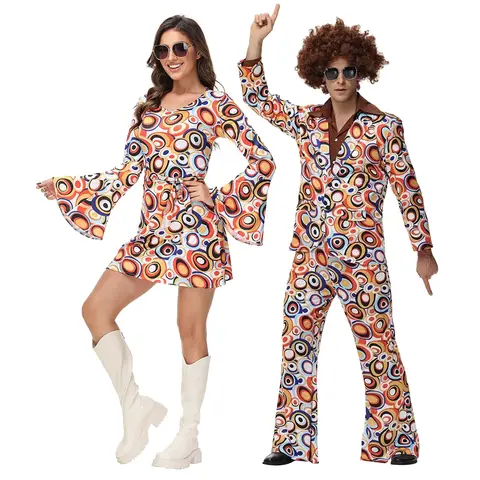 Mannen Vrouwen Retro 70s 80s Hippie Kostuum Disco Rock Hip-Hop voor Cosplay Koppels Purim Halloween Party Fantasia Dress Up