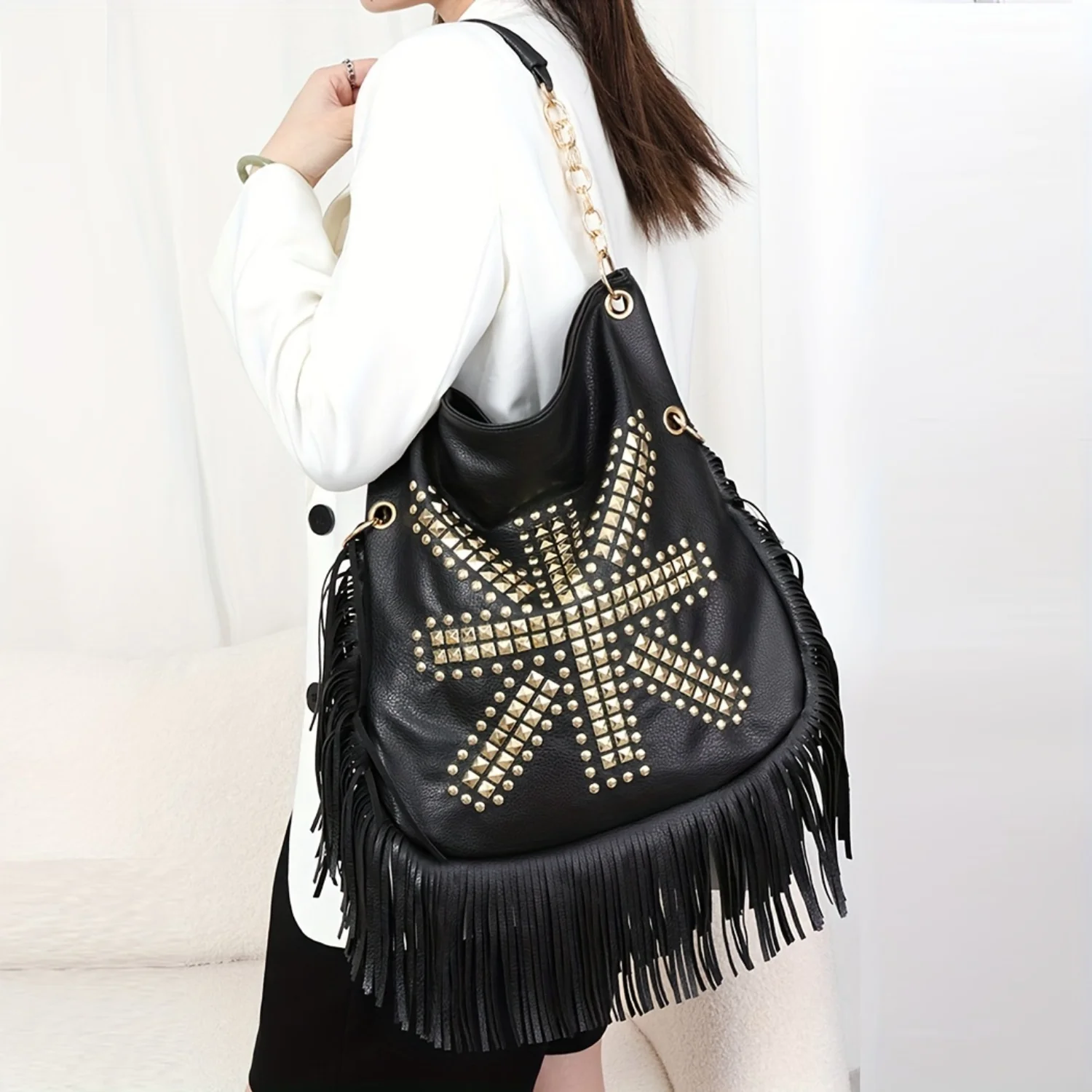 Punk Style Shoulder Bag, Trendy Fringed Hobo Bag, Vintage Tassel Crossbody Bag For Travel, Work, School
Punk Style Shoulder Bag, Trendy Fringed Hobo Bag, Vintage Tassel Crossbody Bag For Travel, Work, School