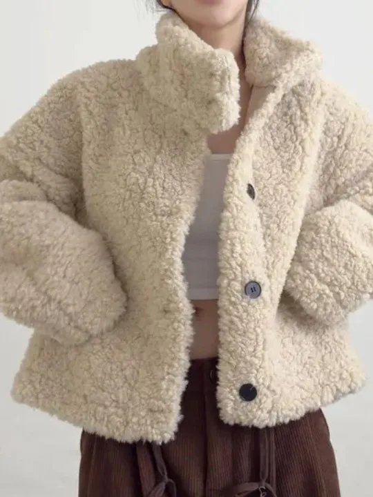 Женская зимняя куртка из искусственной кожи с мехом ягненка, воротником-стойкой, на одной пуговице, с хлопковой подкладкой, модная
Женская зимняя куртка из искусственной кожи с мехом ягненка, воротником-стойкой, на одной пуговице, с хлопковой подкладкой, модная