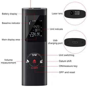 미니 스마트 레이저 거리 계량기 측정 적외선 거리 측정기, USB 충전식 휴대용 레이저 거리 측정기 도구, 40m, 60m