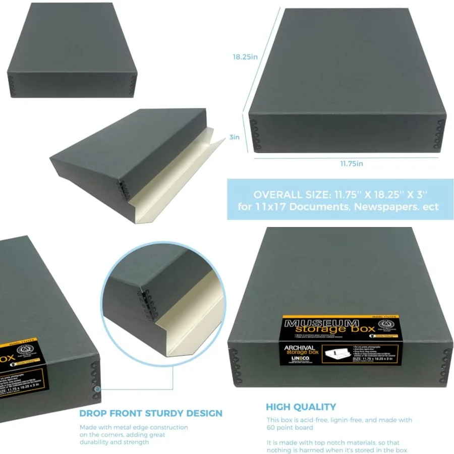 Museum Archival Storage Box, 11.75x18.25x3 in. Drop Front Design. Acid-Free with Metal Edge. Organize Photos, Pictures, Prints,
Museum Archival Storage Box, 11.75x18.25x3 in. Drop Front Design. Acid-Free with Metal Edge. Organize Photos, Pictures, Prints,