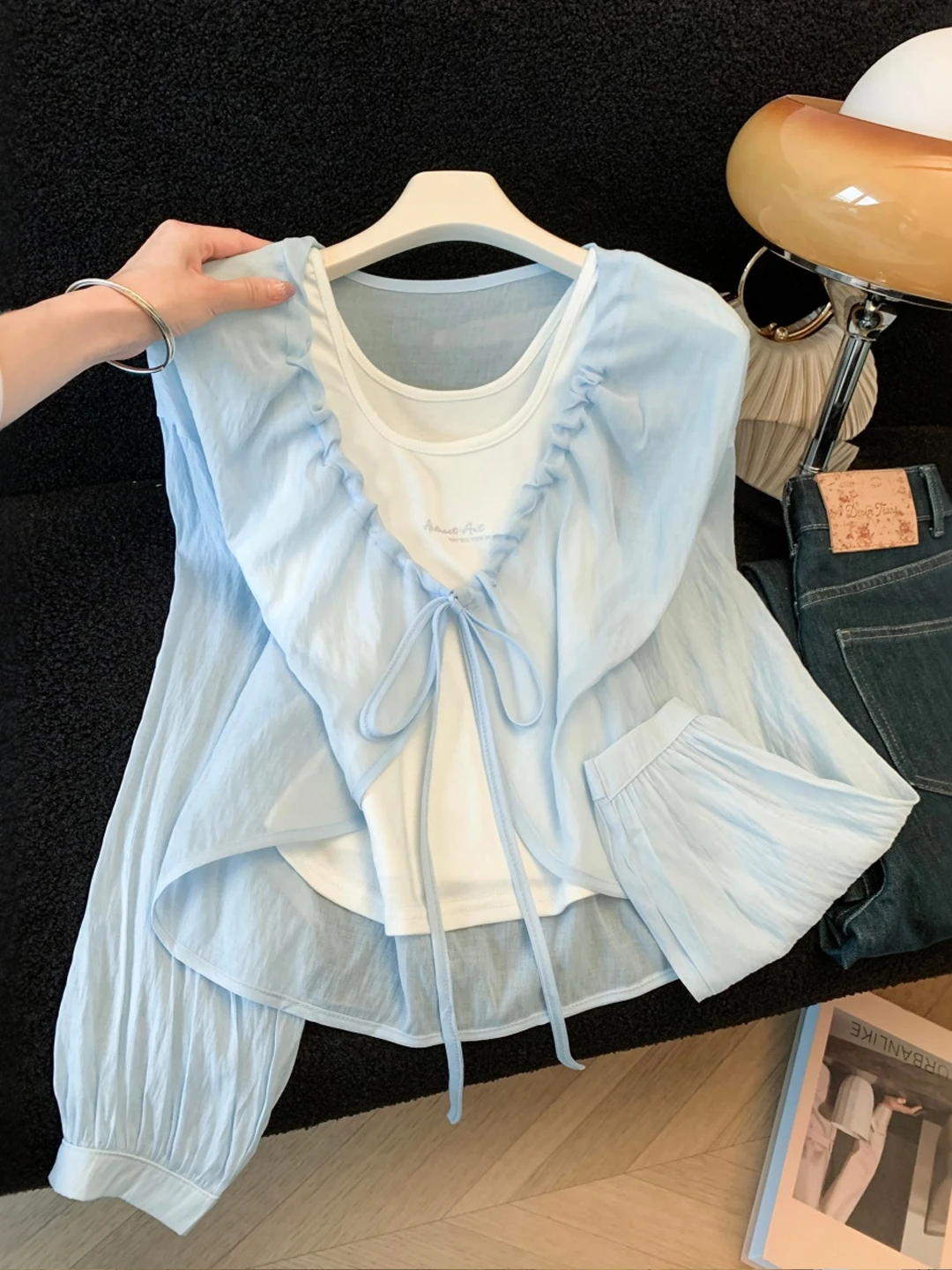Korean Style Pure Color Thin Shirt Cardigan Sleeveless Two-Piece Set Women's Summer Top Breathable Long Sleeve Commute Wind
Korean Style Pure Color Thin Shirt Cardigan Sleeveless Two-Piece Set Women's Summer Top Breathable Long Sleeve Commute Wind