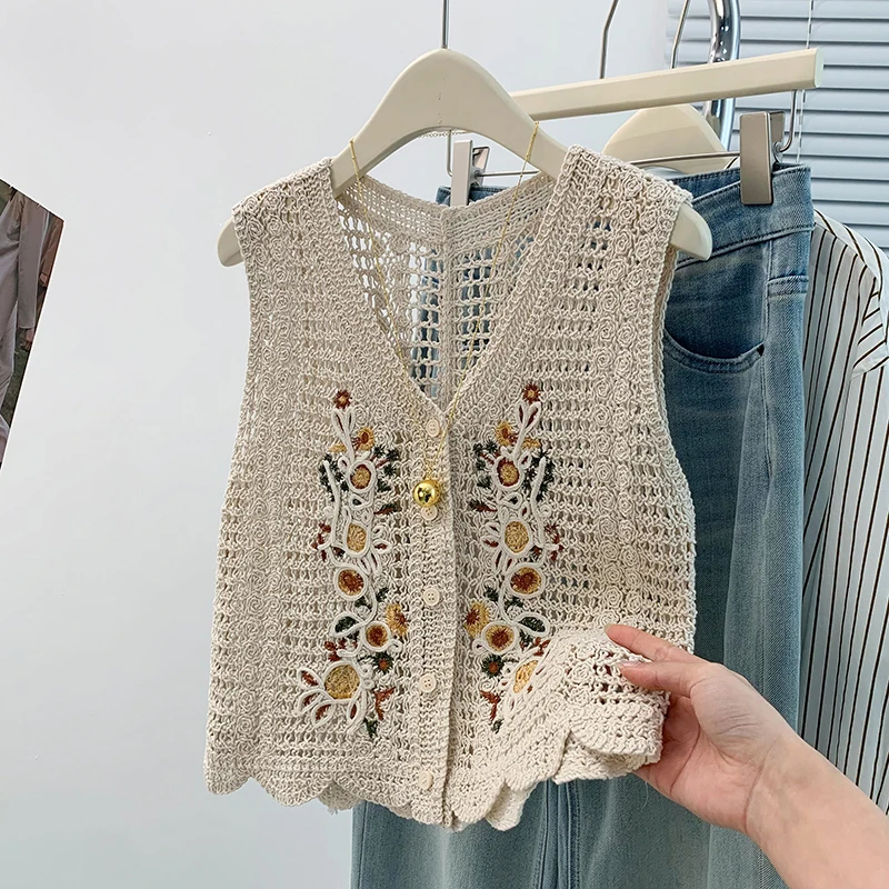 Women's Hollow out Embroidered Knitted Vest Short Sleeve Thin Cotton Linen Blend Outerwear Fashion Versatile Spring Summer Top
Women's Hollow out Embroidered Knitted Vest Short Sleeve Thin Cotton Linen Blend Outerwear Fashion Versatile Spring Summer Top