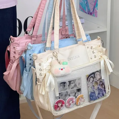 College Style Crossbody Bag with Ribbon Large Capacity for Class Book Carrying Mailman Bag Girls Bow JK Shoulder Ita Bag Handbag