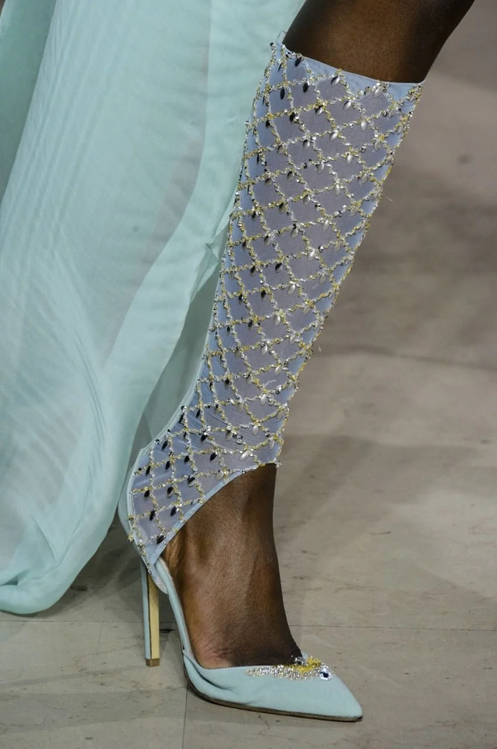 Pale Blue Satin Thigh-High Boots Crystal Embellishments Sheer Mesh Panel Pointed Toe Stiletto Heel Couture Design Elegant Runway
Pale Blue Satin Thigh-High Boots Crystal Embellishments Sheer Mesh Panel Pointed Toe Stiletto Heel Couture Design Elegant Runway