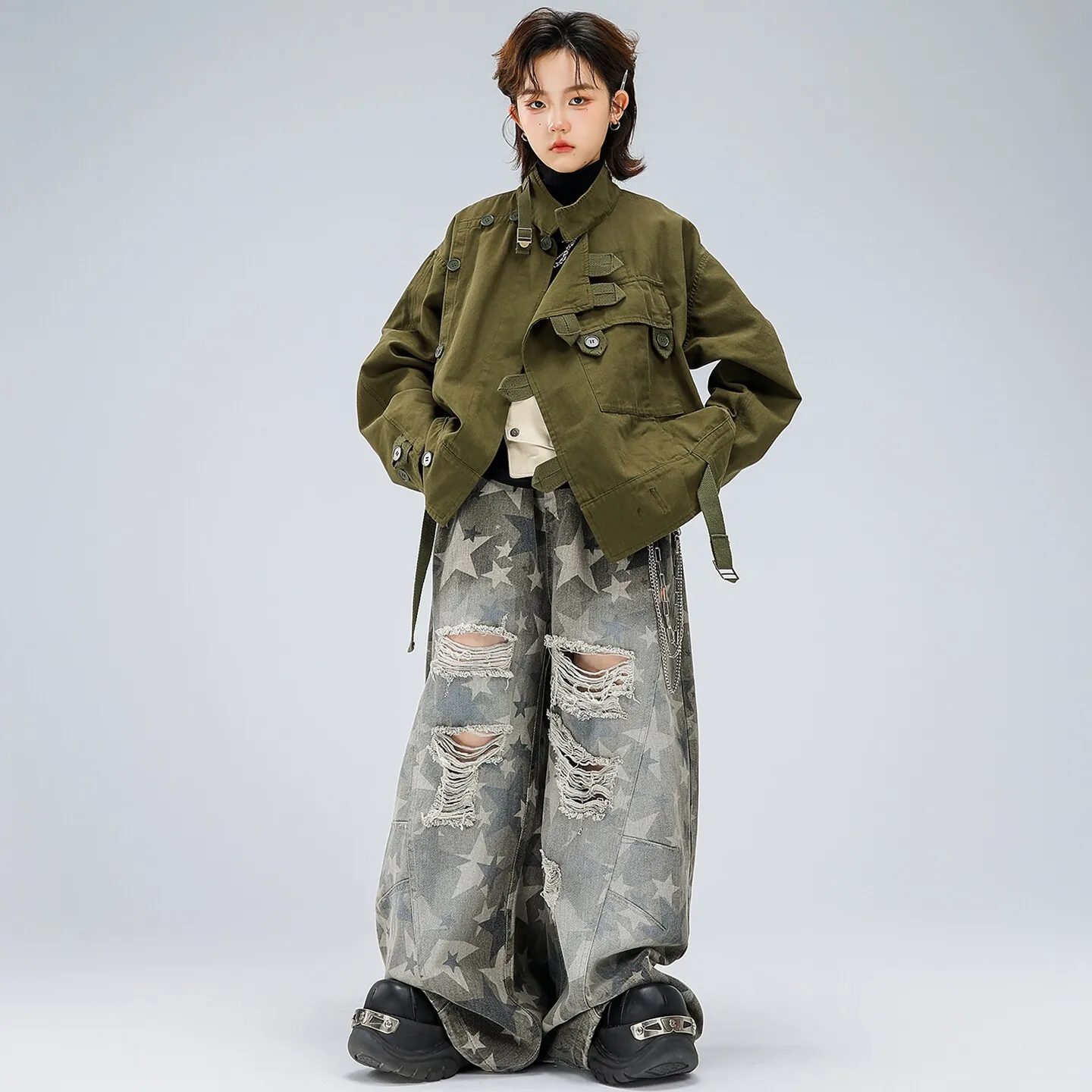 Kid Kpop Hip Hop Clothing Army Green Strap Cargo Jacket Star Ripped Curved Blade Pants for Girl Boy Street Dance Costume Clothes
Kid Kpop Hip Hop Clothing Army Green Strap Cargo Jacket Star Ripped Curved Blade Pants for Girl Boy Street Dance Costume Clothes