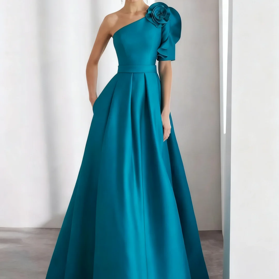 Elegant Woman Party Dress 3d Flower Floor Length One Shoulder Prom Dresses Peacock Blue A-Line Evening Dresses 2025 Customized
Elegant Woman Party Dress 3d Flower Floor Length One Shoulder Prom Dresses Peacock Blue A-Line Evening Dresses 2025 Customized