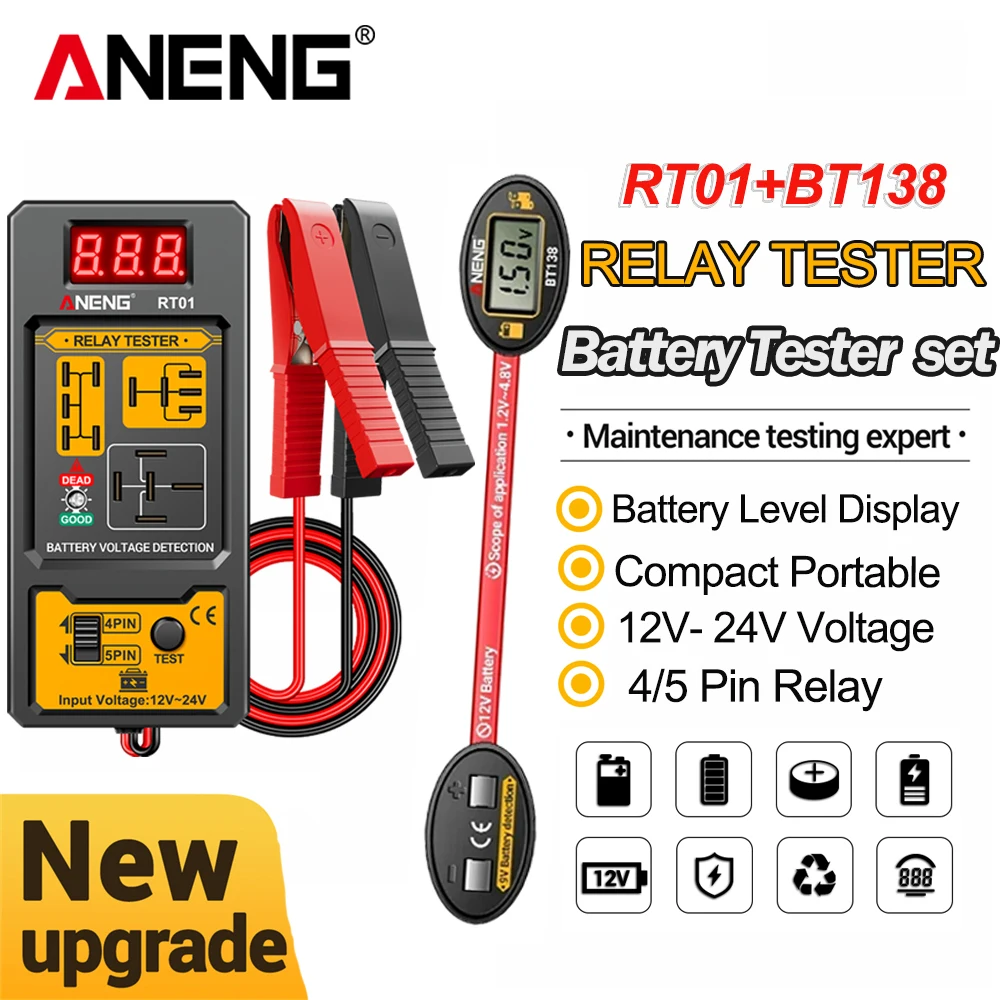 12V/24V Car Battery Relay TesterAuto Diagnostic Kit ANENG RT01 +BT138 Lith-Battery Tester Voltage Meter Electrician test Tools
12V/24V Car Battery Relay TesterAuto Diagnostic Kit ANENG RT01 +BT138 Lith-Battery Tester Voltage Meter Electrician test Tools