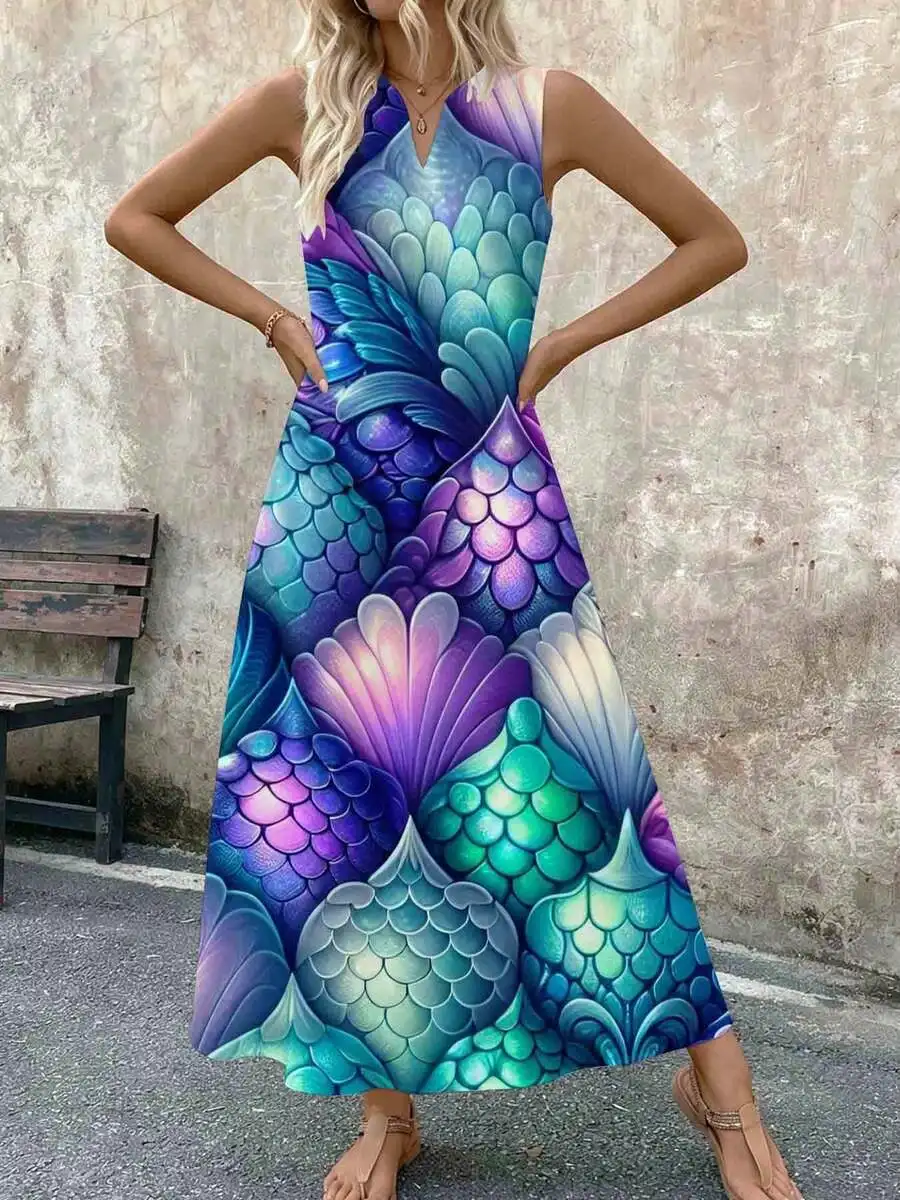 Mermaid Scale Print Sleeveless Midi Dress Purple Blue Green Ocean Pattern Summer Beach Party
Mermaid Scale Print Sleeveless Midi Dress Purple Blue Green Ocean Pattern Summer Beach Party