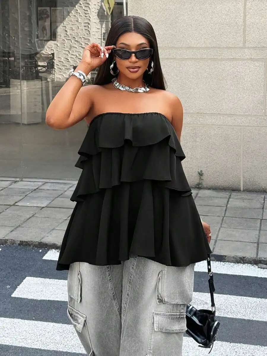 Plus Size Women Solid Black Multi-Layer Ruffle Off Shoulder Crop Top
Plus Size Women Solid Black Multi-Layer Ruffle Off Shoulder Crop Top