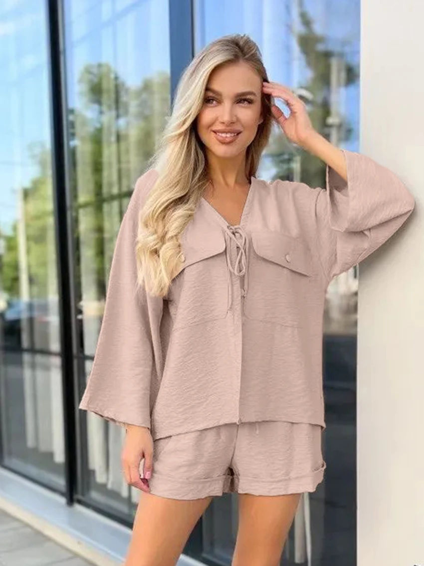 Marthaqiqi Casual Female Sleepwear Suit Long Sleeve Pajamas V-Neck Nightwear Lace Up Nightgowns Shorts Loose Women'S Nightie Set
Marthaqiqi Casual Female Sleepwear Suit Long Sleeve Pajamas V-Neck Nightwear Lace Up Nightgowns Shorts Loose Women'S Nightie Set