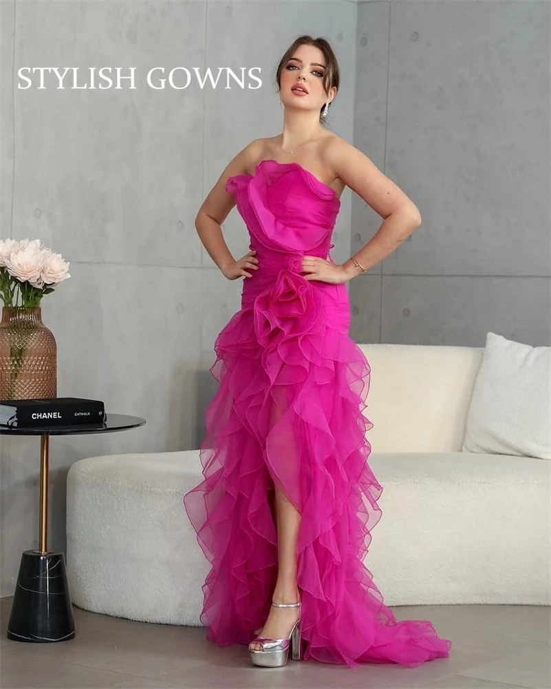 Saudi Arabia Customized Elegant Pink Strapless Evening Dress Layered Organza Ruffles Formal Occasion Gown High Slit Prom Gowns
Saudi Arabia Customized Elegant Pink Strapless Evening Dress Layered Organza Ruffles Formal Occasion Gown High Slit Prom Gowns