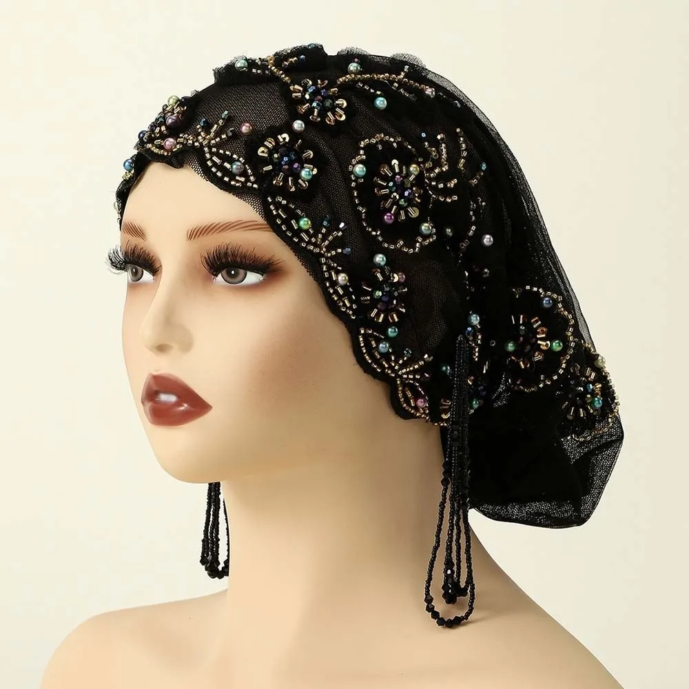 Shiny Beads Turban Hat Flower Embroidery Long Tassel Indian Headscarf Pre-tied Sheer Mesh Beaded Bonnet Travel Vacation
Shiny Beads Turban Hat Flower Embroidery Long Tassel Indian Headscarf Pre-tied Sheer Mesh Beaded Bonnet Travel Vacation