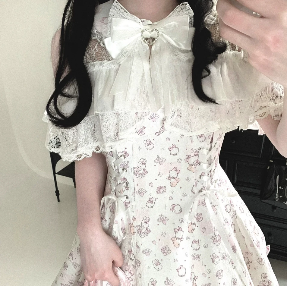 New Spring and Summer Sweet Bow Off-the-shoulder Dress Student Girls Cute Rabbit Print Lace Spliced Lolita Short A-line Dresses
New Spring and Summer Sweet Bow Off-the-shoulder Dress Student Girls Cute Rabbit Print Lace Spliced Lolita Short A-line Dresses