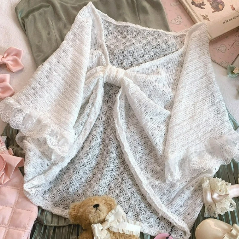 Japanese Kawaii Lolita Style Short Shawl Women Vintage Sweet Lace Bow Hollow Out Knitted Jackets Female Harajuku Y2k Coats Tops
Japanese Kawaii Lolita Style Short Shawl Women Vintage Sweet Lace Bow Hollow Out Knitted Jackets Female Harajuku Y2k Coats Tops