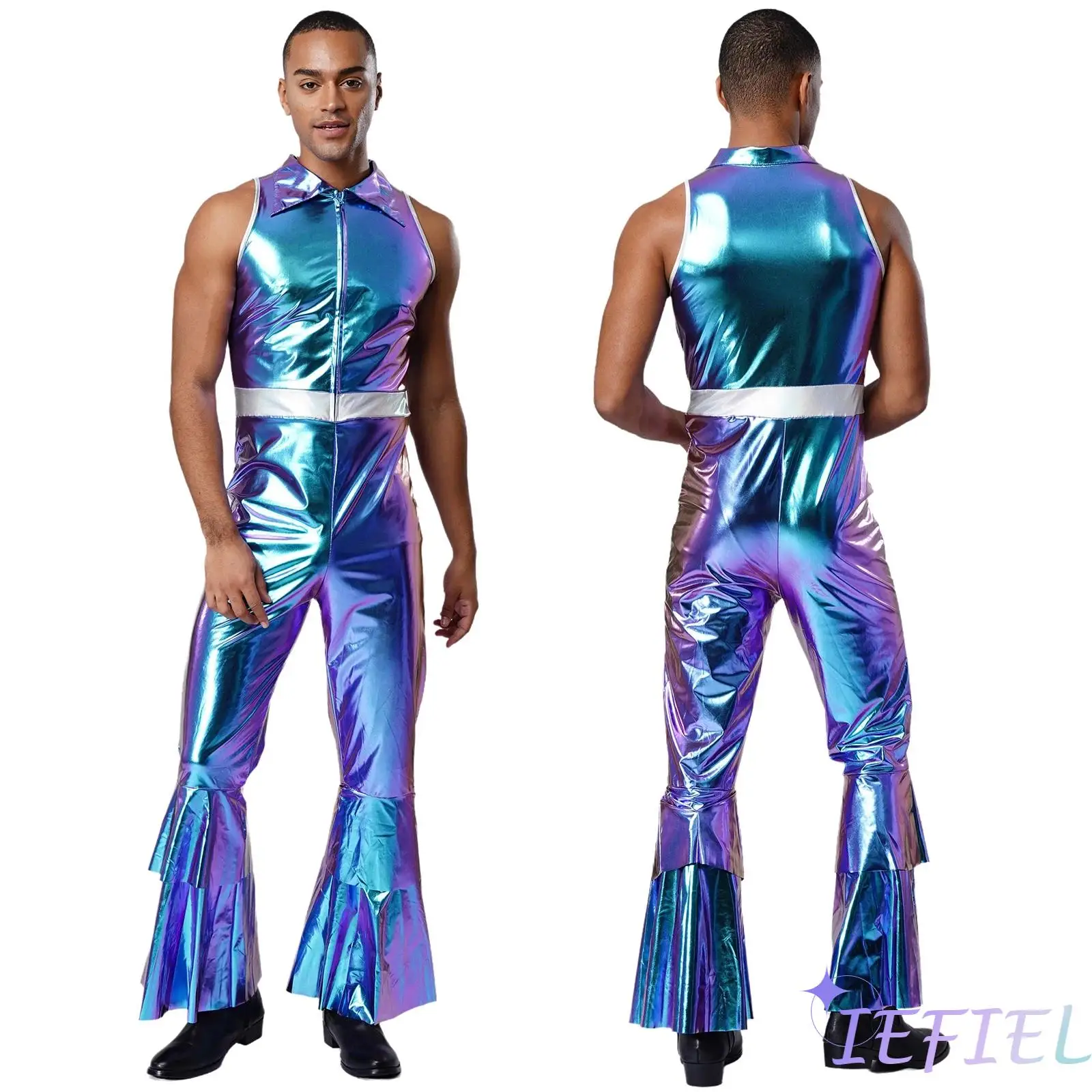 Adult Mens Shiny Metallic 70s Disco Costume Lapel Collar Sleeveless High Waist Flared Jumpsuit Rock Disco Dance Singer Costume
Adult Mens Shiny Metallic 70s Disco Costume Lapel Collar Sleeveless High Waist Flared Jumpsuit Rock Disco Dance Singer Costume