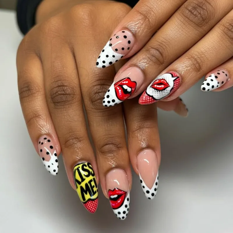 24PCS Sweet Cool Red Lip Print Press on Nails Simple Black Polka Dots Almond Fake Nails for Spice Girls Trendy White French Nail
24PCS Sweet Cool Red Lip Print Press on Nails Simple Black Polka Dots Almond Fake Nails for Spice Girls Trendy White French Nail