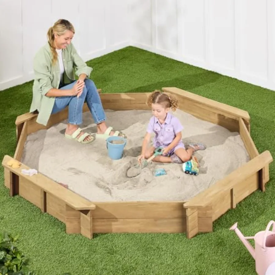 Outdoor octagon wooden sandbox for kids with cover, natural wood color, reinforced benches 220 lbs each and drainage liner
Outdoor octagon wooden sandbox for kids with cover, natural wood color, reinforced benches 220 lbs each and drainage liner