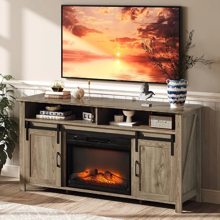 Farmhouse-style entertainment center with sliding barn door and built-in 23-inch fireplace ideal for living room spaces featuri
Farmhouse-style entertainment center with sliding barn door and built-in 23-inch fireplace ideal for living room spaces featuri