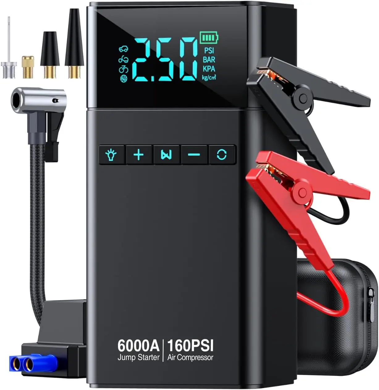 10-in-1 Portable Car Jump Starter with Air Compressor, 6000A 160PSI for All Vehicles, Includes Jumper Cables and Lights
10-in-1 Portable Car Jump Starter with Air Compressor, 6000A 160PSI for All Vehicles, Includes Jumper Cables and Lights