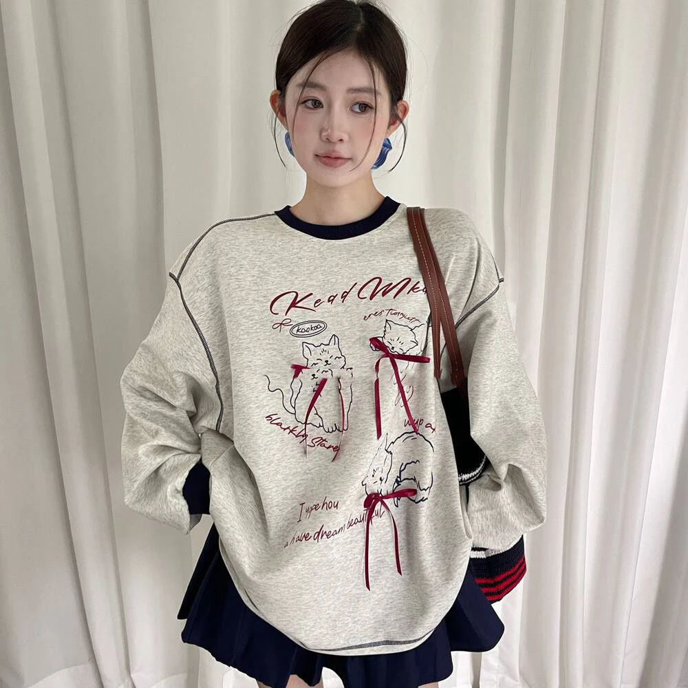 Spring Autumn Contrast Lazy Style Loose Sweatshirt O-neck Bow Print Street Casual Pullovers Tops Fashion Harajuku Women Clothing
Spring Autumn Contrast Lazy Style Loose Sweatshirt O-neck Bow Print Street Casual Pullovers Tops Fashion Harajuku Women Clothing