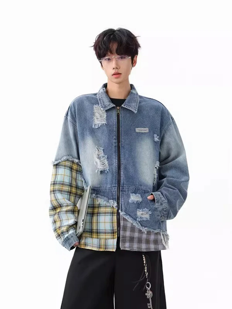 Trendy Plaid Patchwork Ripped Denim Jaet Men's Design Sense American Retro Turn-down Collar Jaet Autumn Haome Top
Trendy Plaid Patchwork Ripped Denim Jaet Men's Design Sense American Retro Turn-down Collar Jaet Autumn Haome Top
