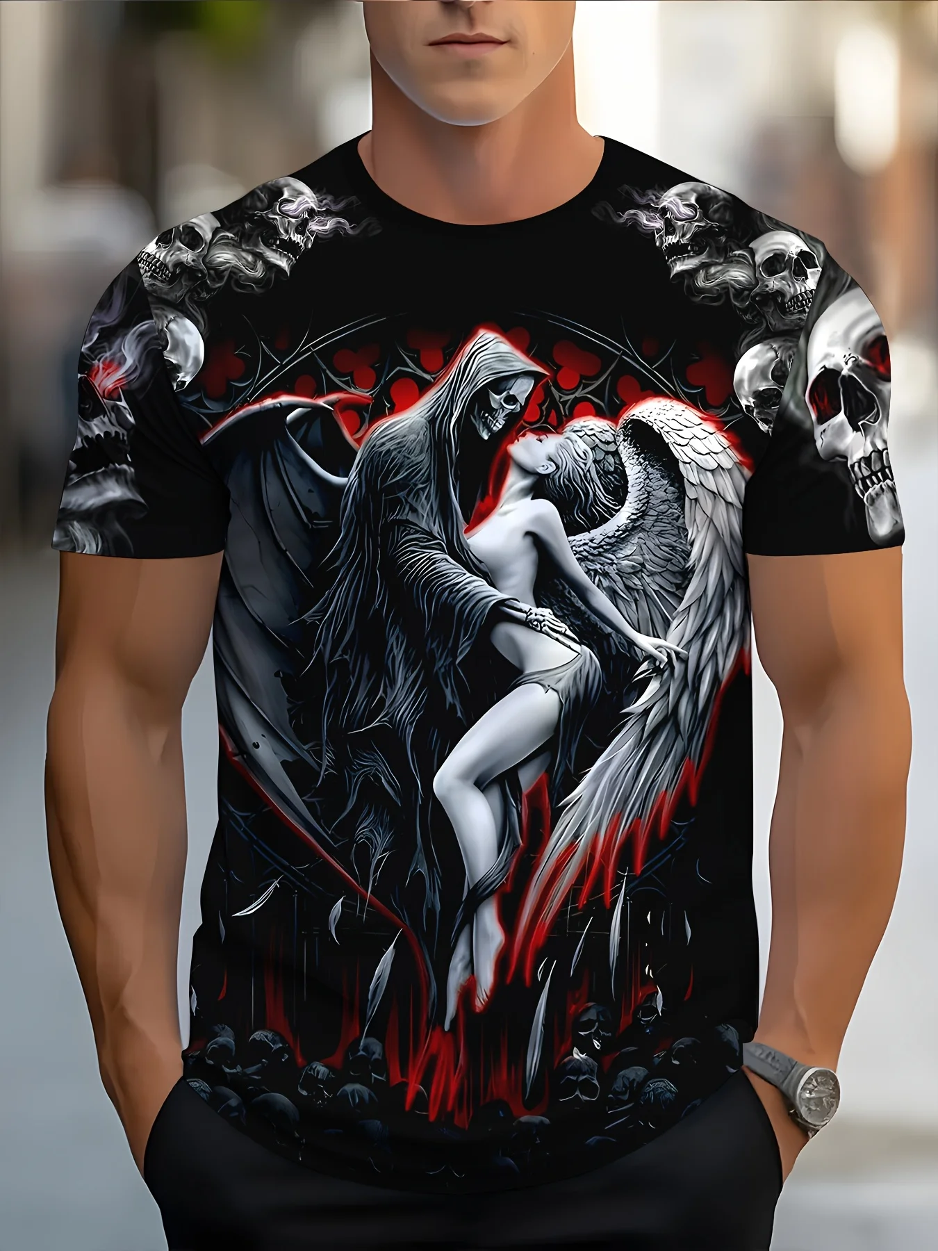 Мужская новинка, готическая футболка со скелетом и ангелом — повседневная полиэстеровая футболка, которую можно стирать в машине, с круглым вырезом, футболка с короткими рукавами и
Мужская новинка, готическая футболка со скелетом и ангелом — повседневная полиэстеровая футболка, которую можно стирать в машине, с круглым вырезом, футболка с короткими рукавами и