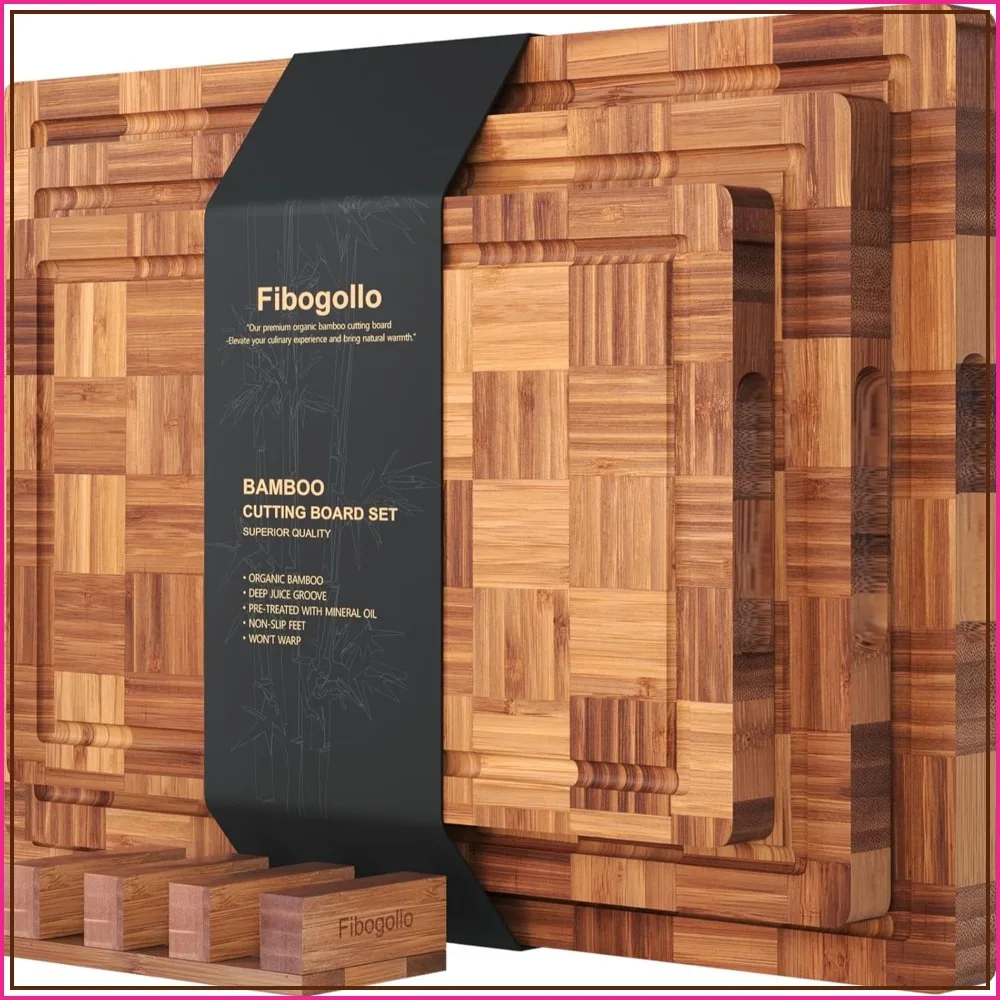 Bamboo Cutting Boards for Kitchen Set of 3, Chopping Boards with Juice Groove, End Grain Serving Board with Holder, Butcher Block for Meat Vegetables Fruit
Bamboo Cutting Boards for Kitchen Set of 3, Chopping Boards with Juice Groove, End Grain Serving Board with Holder, Butcher Block for Meat Vegetables Fruit