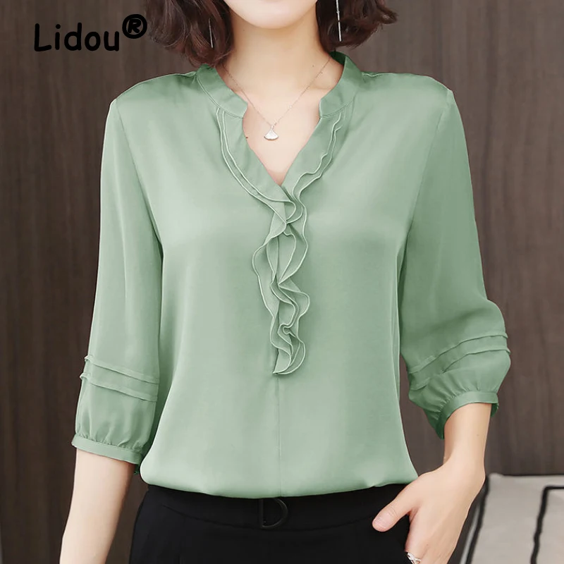 Ruffles Solid Color Chiffon Shirt Spring Summer Elegant Blouse Long Sleeve V-neck Shirt for Female Korean Style Casual Clothing
Ruffles Solid Color Chiffon Shirt Spring Summer Elegant Blouse Long Sleeve V-neck Shirt for Female Korean Style Casual Clothing