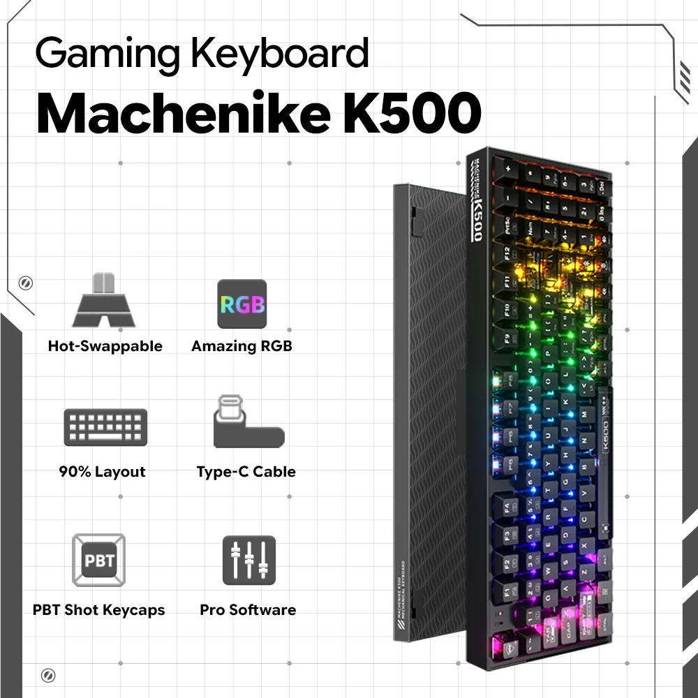 Machenike K500-B94 Wired Mechanical Keyboard 94 KeysHot Swappable RGB Backlight Gaming Keyboard Doubleshot Keycaps for PC Laptop
Machenike K500-B94 Wired Mechanical Keyboard 94 KeysHot Swappable RGB Backlight Gaming Keyboard Doubleshot Keycaps for PC Laptop