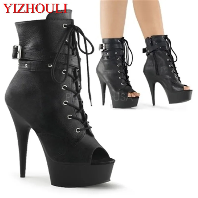 Platform high heel ankle boots with thick bottom, side zipper front lacing fish mouth ankle boots, 15CM fashion stage dance sho
Platform high heel ankle boots with thick bottom, side zipper front lacing fish mouth ankle boots, 15CM fashion stage dance sho