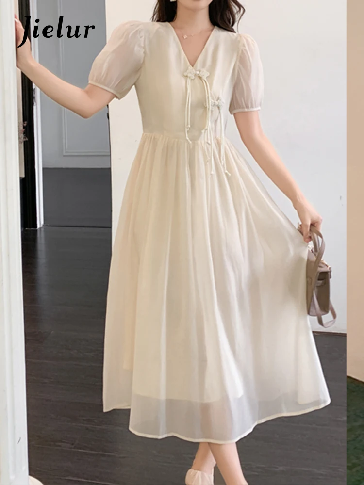 Jielur New Women's Solid V-Neck Dress Summer Chinese Retro Classic Lady Dress Fashion Sweet High Waist Short Sleeve A-line Dress
Jielur New Women's Solid V-Neck Dress Summer Chinese Retro Classic Lady Dress Fashion Sweet High Waist Short Sleeve A-line Dress