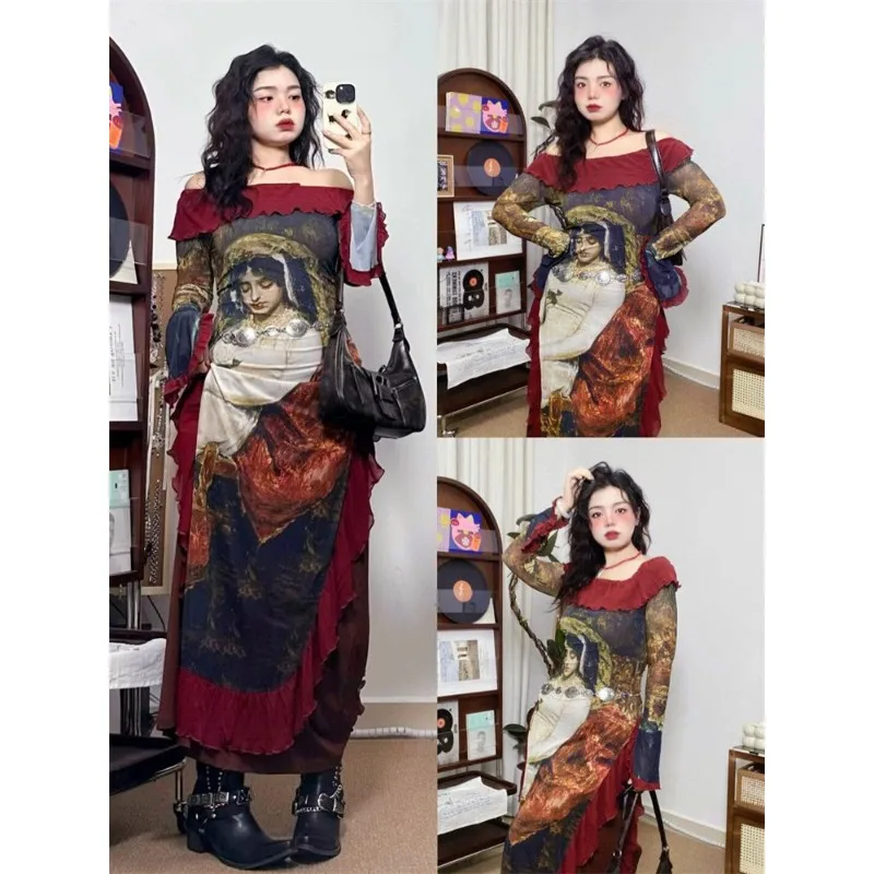 Women's Autumn Spring Dress Straight Neckline Print Sexy Plus Size Retro Simple Comfortable Design Soft Niche Versatile Skinny
Women's Autumn Spring Dress Straight Neckline Print Sexy Plus Size Retro Simple Comfortable Design Soft Niche Versatile Skinny