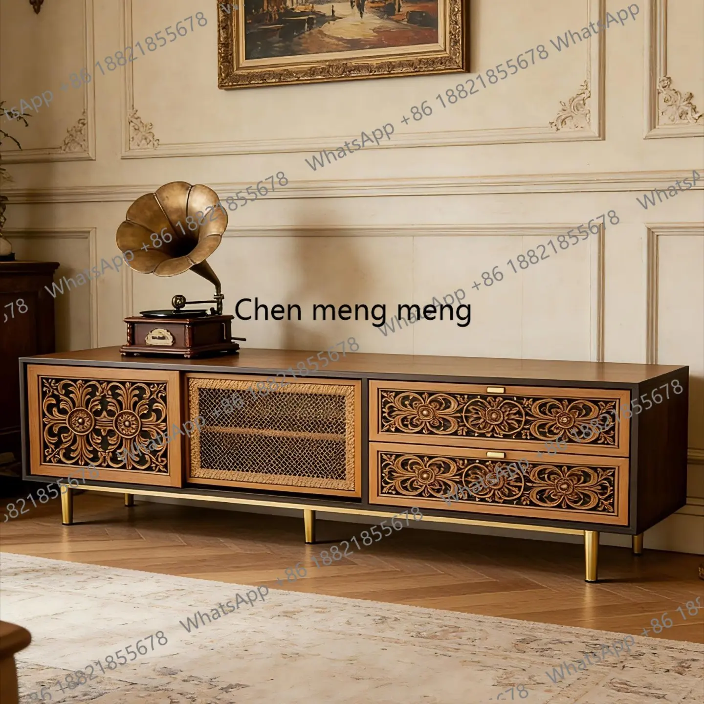 Vintage carved TV cabinet light luxury gold foot living room storage floor cabinet American style, storage audio-visual cabinet
Vintage carved TV cabinet light luxury gold foot living room storage floor cabinet American style, storage audio-visual cabinet
