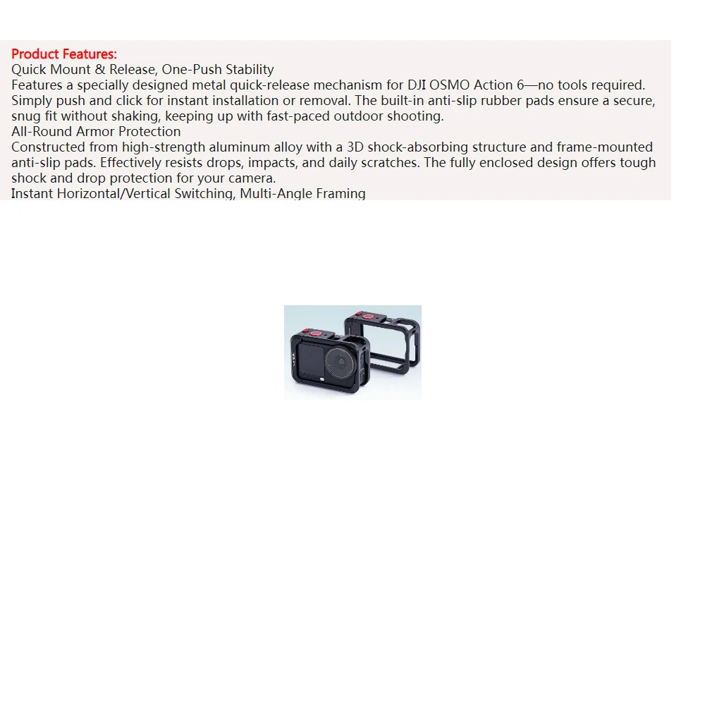 Rabbit Cage Aluminum Protective Case for DJI Osmo Action6, Multifunctional Metal Frame Expansion Adapter Mount Camera Accessory
Rabbit Cage Aluminum Protective Case for DJI Osmo Action6, Multifunctional Metal Frame Expansion Adapter Mount Camera Accessory