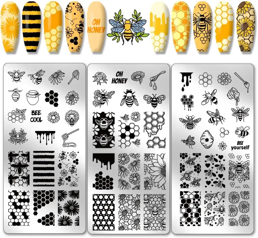 3pcs Honeycomb Nail Stamping Plates, Spring Bee Honey Nail Stamper Sunflower Art Stencils Stainless Steel Image Plate for Nails
3pcs Honeycomb Nail Stamping Plates, Spring Bee Honey Nail Stamper Sunflower Art Stencils Stainless Steel Image Plate for Nails